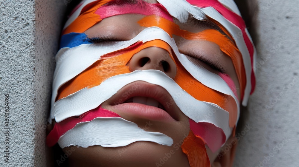 Poster Portrait of a person's face with closed eyes adorned by colorful strips of paper or tape creating an abstract mask effect. The background is a simple, textured gray surface