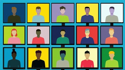 Many diverse people on digital screens are shown here