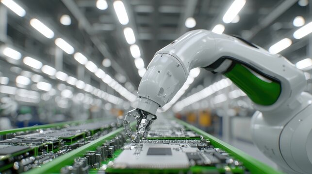 Robotic arm precisely assembling circuit board in a modern factory.  The arm is white with green accents.  Components and circuitry are visible on the board.