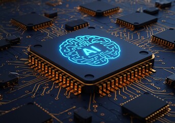 AI Brain on CPU: Captivating image of an illuminated AI brain, intricately embedded on a central processing unit, signaling the future of technology.