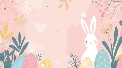 Cute Bunny Surrounded by Colorful Eggs and Floral Elements