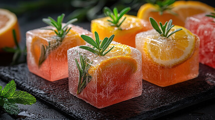 Elegant citrus ice cubes with rosemary, a vibrant and flavorful addition to elevate any summer beverage.