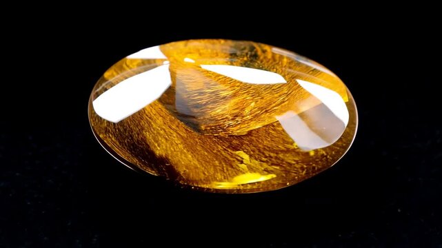 A polished tiger's eye gemstone with a smooth, oval shape and reflective surface, displaying golden brown hues and characteristic chatoyancy, set against a black background. 