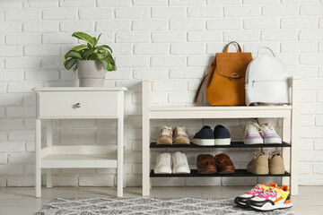 Shoe storage bench with different footwear and houseplant indoors