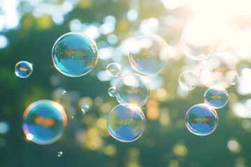 Naklejka premium A cluster of floating soap bubbles with rainbow reflections, drifting gently in a soft breeze