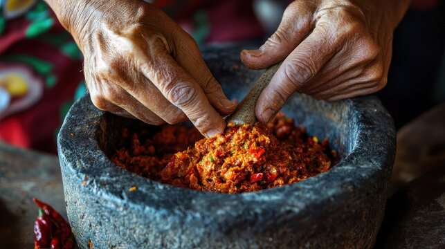 Hands using a mortar and pestle to crush ingredients
