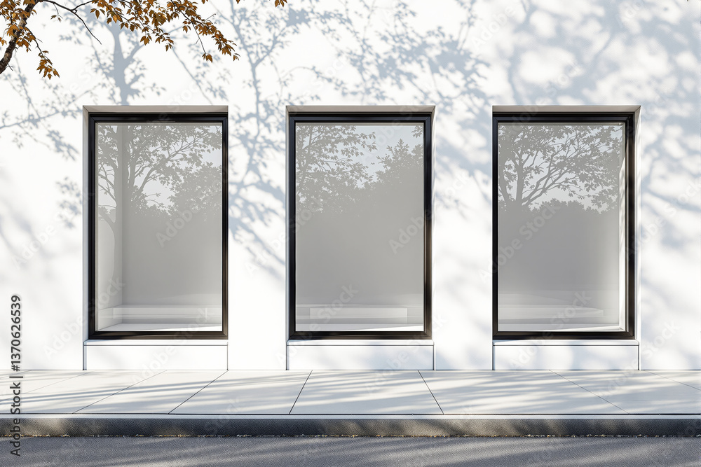 Poster Blank storefront window mockup with reflections of trees.
