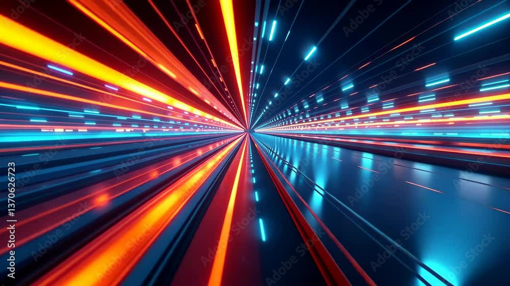 Aufkleber Fast motion through an abstract neon tunnel with orange and blue glowing lines.