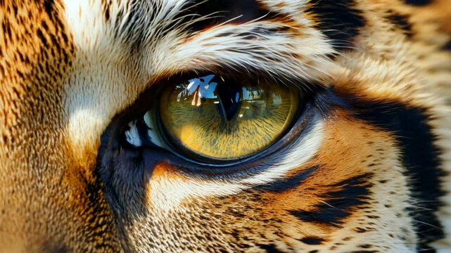 Close-up of a tiger's eye with detailed fur patterns and vibrant colors.