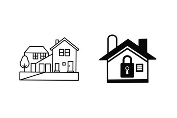 Home Security System, House Icons, Residential Safety, Locked Home, Property Protection
