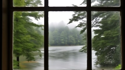 Fototapeta premium Foggy lake view seen through a window pane