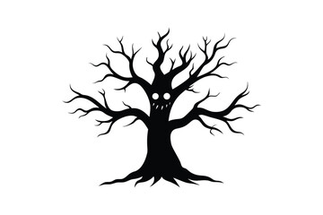 Silhouette art illustration design of a creepy tree with twisted branches and hollow eyes in its trunk.eps