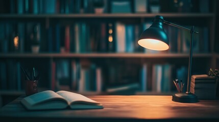 Obraz premium A cozy reading desk lit by an illuminated study lamp