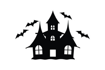 Silhouette art illustration design of a haunted house with crooked windows and a pointed roof, few bats are flying around it.eps