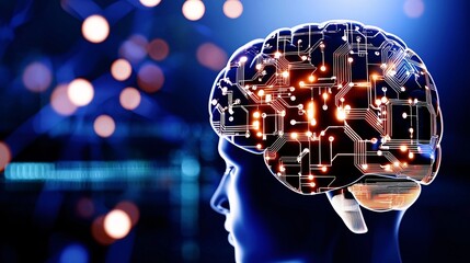 intelligence cognitive optimization. Human brain with circuits, symbolizing technology and innovation.