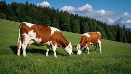 Obraz premium Grazing Cows in Green Pasture Under Blue Sky with White Clouds