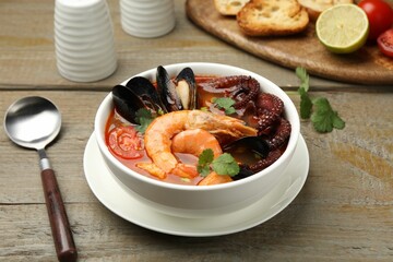 Delicious seafood soup served on wooden table, closeup