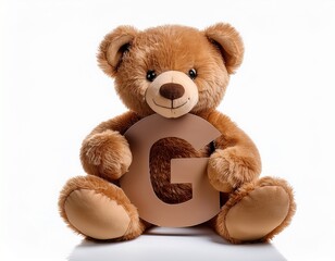 Obraz premium Cute brown teddy bear with letter G. Baby name reveal after child birth. Stuffed animal isolated on white background