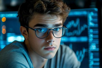 Ai engineer looks very focused at the led panel, in dark server farm. Concept of it. Expert caucasian young man in weekend, infographics reflections in his glasses. Ai engineer at work.