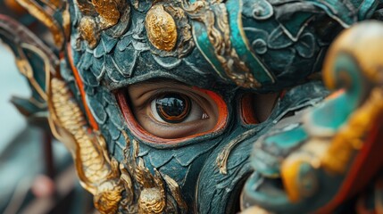 Obraz premium Close-up of ornate dragon mask, eye detail