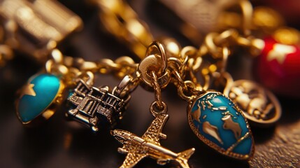 A close-up of a charm bracelet with travel-themed charms, symbolizing adventures and memories