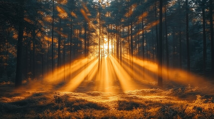 une forêt avec rayons de soleil