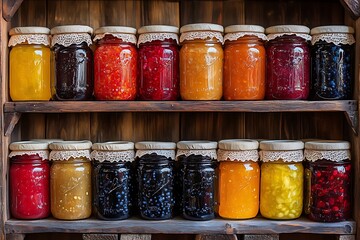 A collection of mason jars filled with homemade preserves and jams