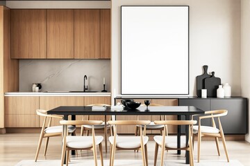 Minimalist dining room with blank canvas for mockup display.