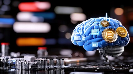 intelligence cognitive optimization. Digital brain with circuitry on a blurred cityscape background.