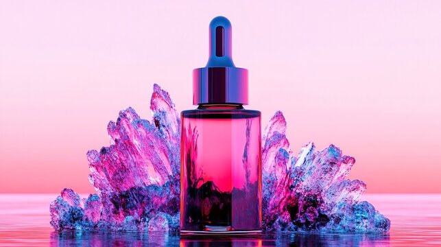 Vibrant elixir in a captivating crystal landscape at dusk