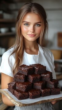 Photo einer Frau die gerade Brownies mit schockoladensauce pr&Atilde;&curren;sentiert