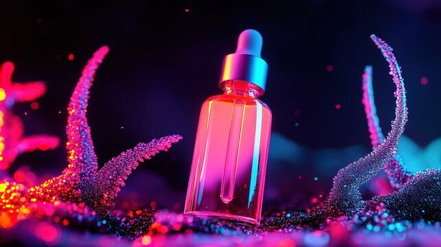 Glowing elixir bottle surrounded by vibrant cosmic landscape