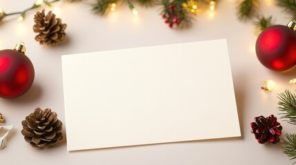 Obraz premium A festive arrangement featuring a blank card, pine cones, ornaments, and holiday lights, creating a cozy, seasonal atmosphere.