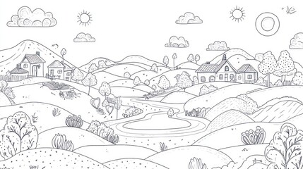 Fototapeta premium Hand-drawn rural landscape with hills, houses, and a pond. Perfect for coloring books or educational materials