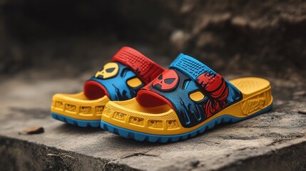 Colorful children's sandals with a comic book design.  Bold colors and textured soles