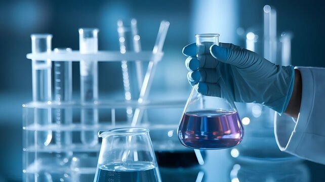 A close-up shot of a scientist’s gloved hand carefully holding a glass flask filled with a vibrant liquid, symbolizing scientific research and development.