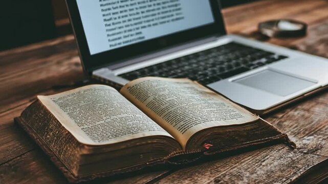 Open book resting beside a laptop on a wooden surface, showcasing a blend of traditional reading and modern technology for study or work contexts