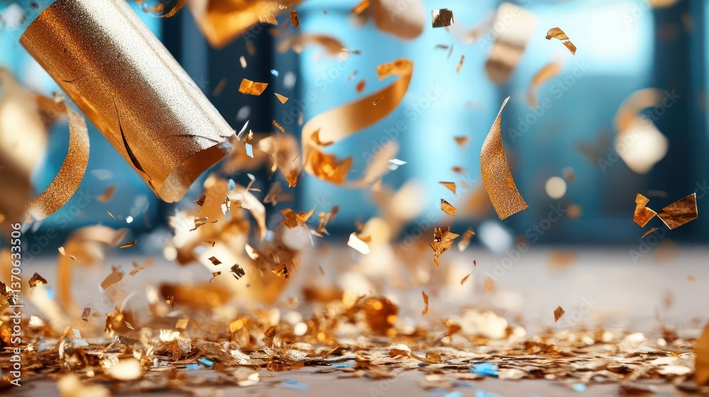 Poster close-up of falling golden confetti and streamers with blurred background creates festive atmosphere