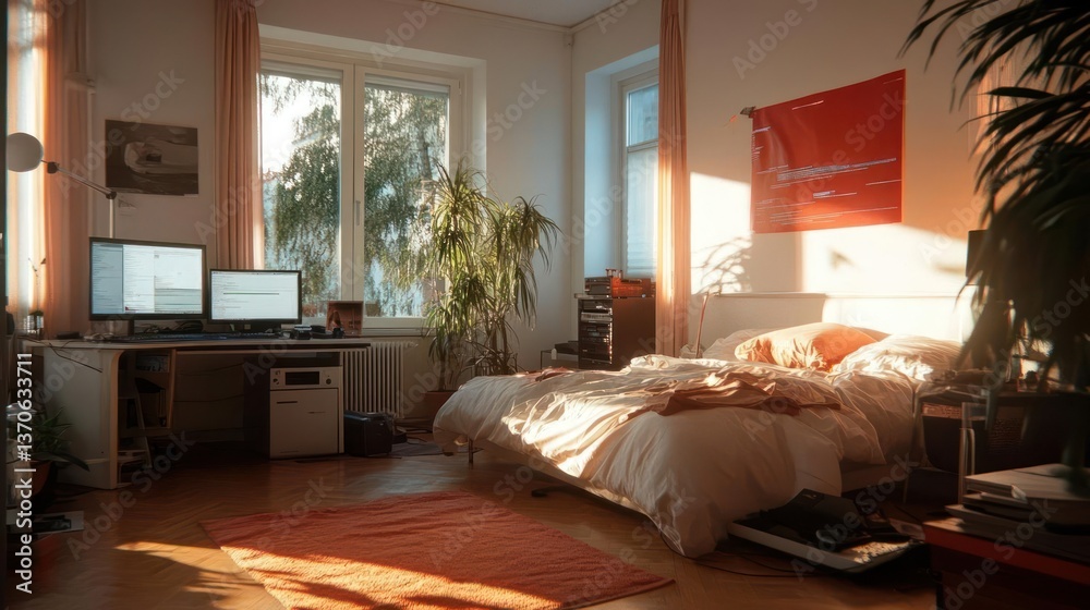 Poster sunlit bedroom interior with a desk computers bed plants and red artwork evoking a cozy relaxing amb