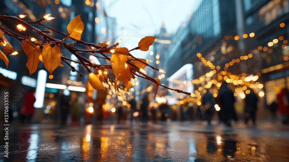 Poster close up shot of a tree branch with yellow leaves against a blurred street with bokeh lights in the 