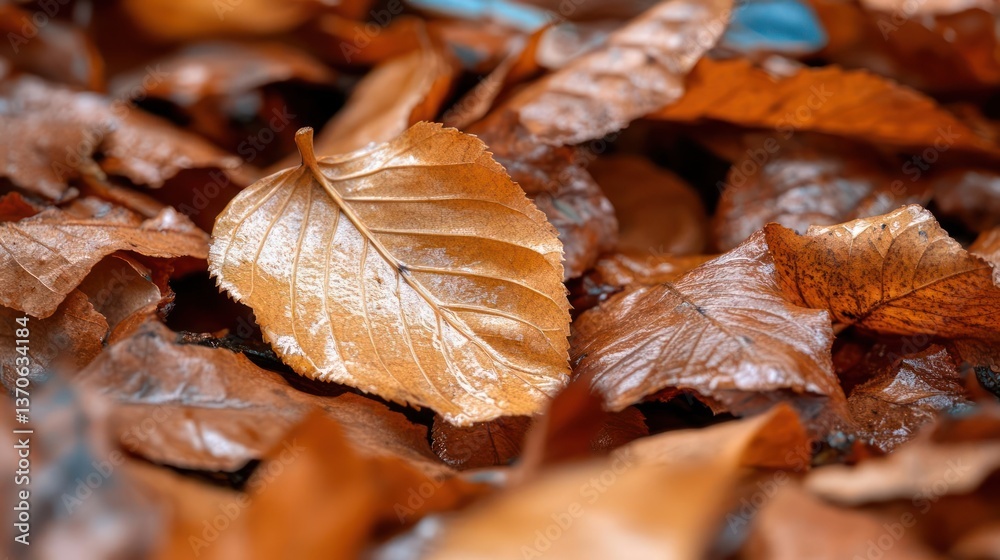 Aufkleber Close up of autumn leaves in warm tones featuring focus on a single leaf with a blurred background capturing the texture and details of the foliage