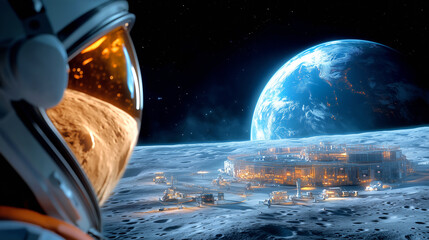 An astronaut stands on the moon's surface, observing a glowing lunar base. Earth is visible in the background, reflecting the progress of space exploration in the future