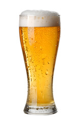 Cold, frothy beer in a glass, isolated on transparent background