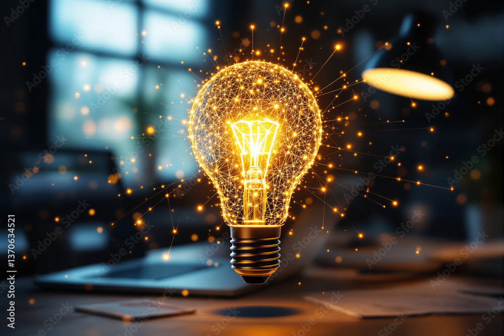 Poster glowing digital light bulb with network connections in a dark office background.
