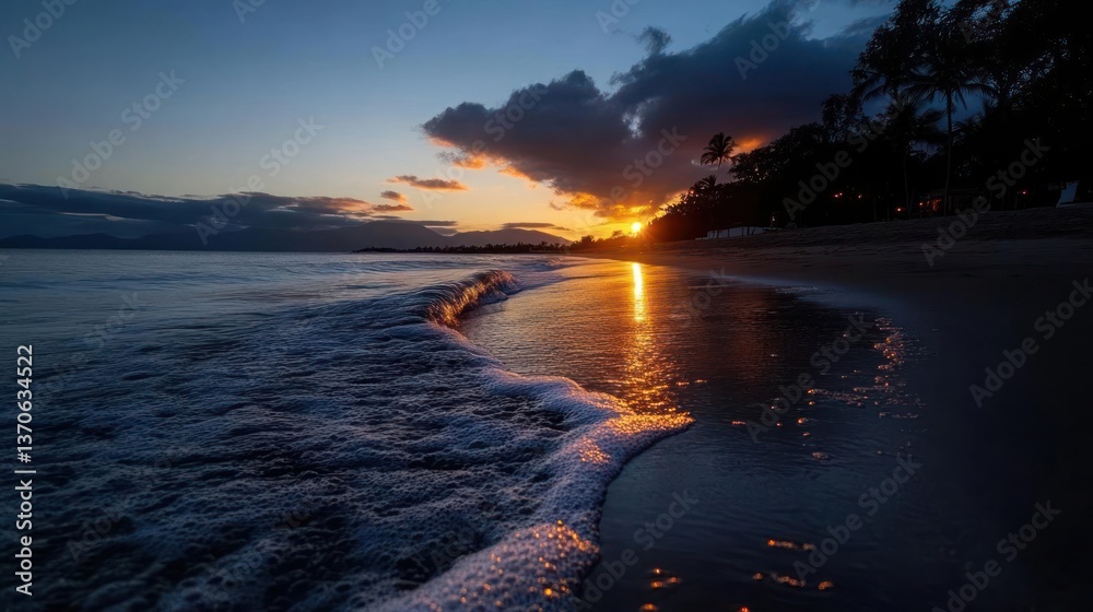 Aufkleber golden sunset reflection on wet sand with gentle waves creating a serene seaside atmosphere under a 
