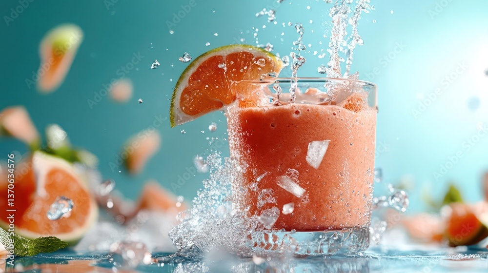 Poster refreshing fruit smoothie with water splash and orange slice on the glass on a teal background