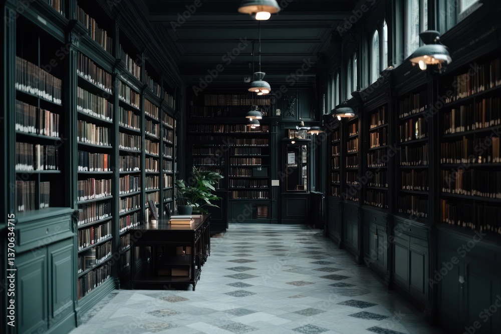 Poster Elegant library interior featuring rows of bookshelves dark color scheme with atmospheric lighting and classic architecture details