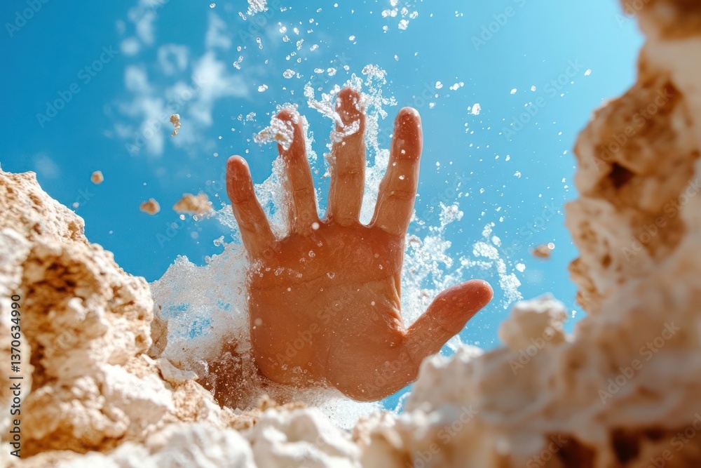 Aufkleber hand reaching up through splashing water and bright blue sky, with white rock formations in foregrou