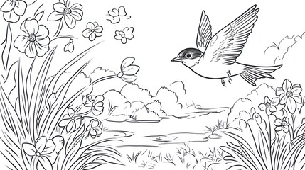 Black and white illustration of a bird flying over a pond, flowers, and grass.  Possible use Coloring book, educational material