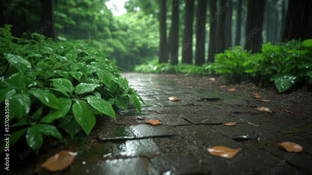 Aufkleber Rainy forest path with green foliage and trees creating a tranquil atmosphere